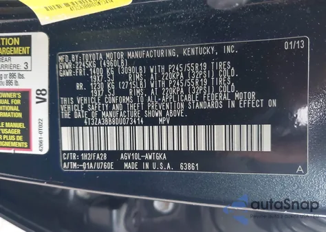 2013 Toyota Venza Le z USA, uszkodzony, nr VIN 4T3ZA3BB8DU073414